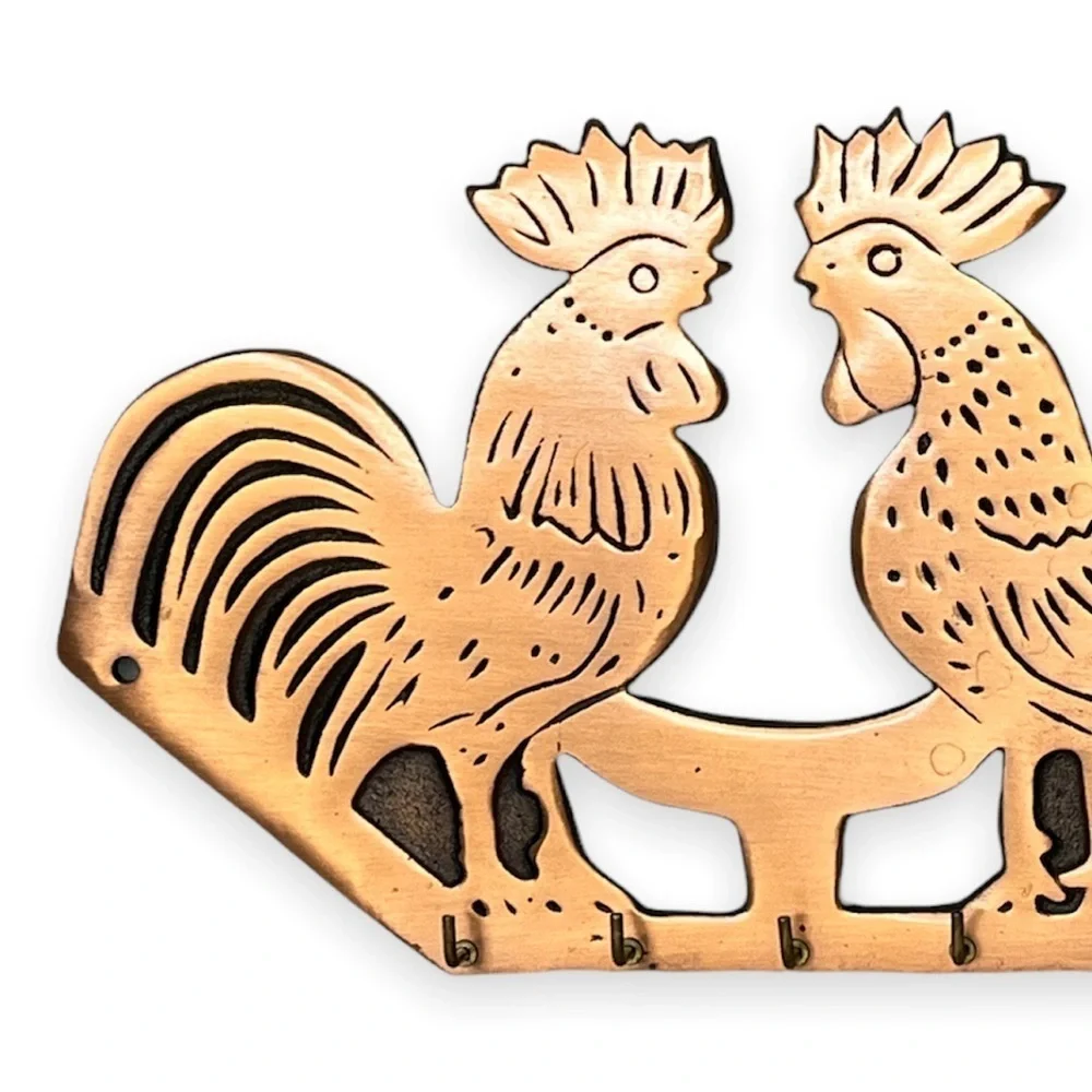 Cast Iron‎ Copper Plated Double Rooster Five Key Hook Holder 11”x6.5”